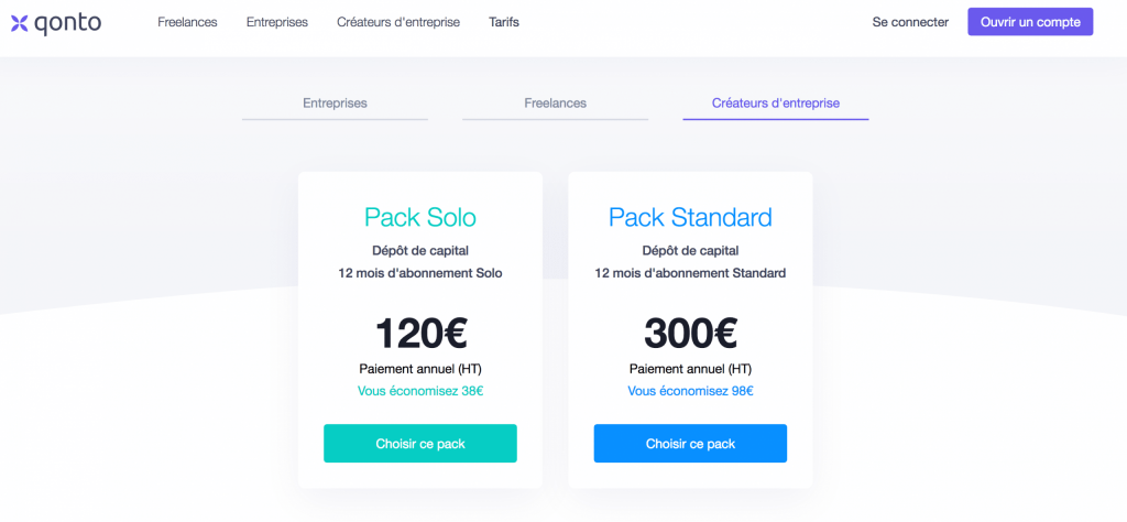 Tarif des packs depot capital qonto